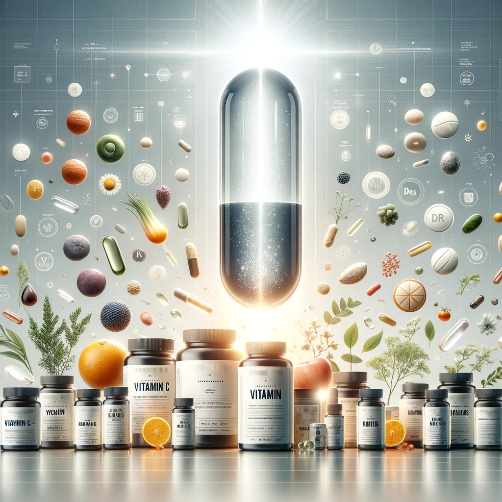 DALL·E 2024 02 08 18.24.19 Create a visually engaging main image for the Vitamin Products Section of a health and wellness website. The image features a sleek modern design tha