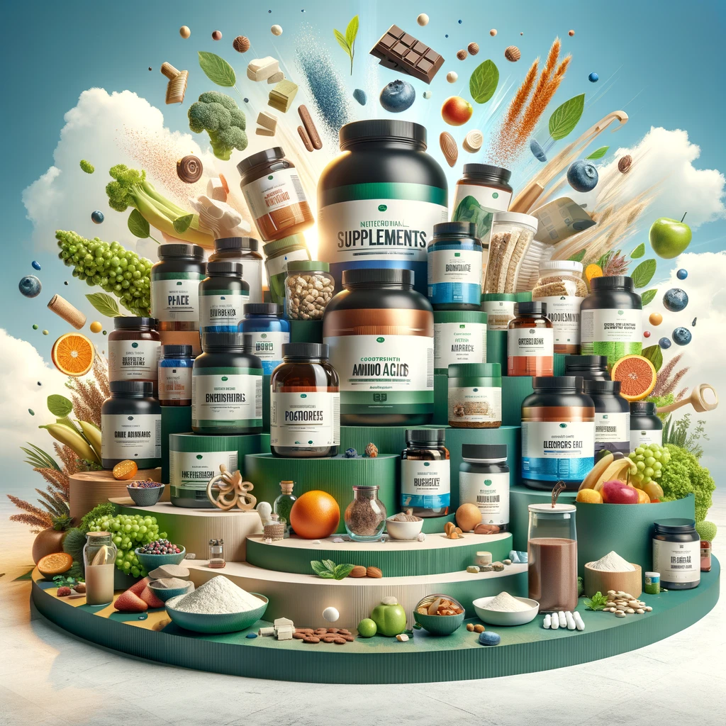 DALL·E 2024 02 08 18.25.51 Design a visually captivating main image for the Nutritional Supplements Section on a health and wellness website. The image showcases an array of hig